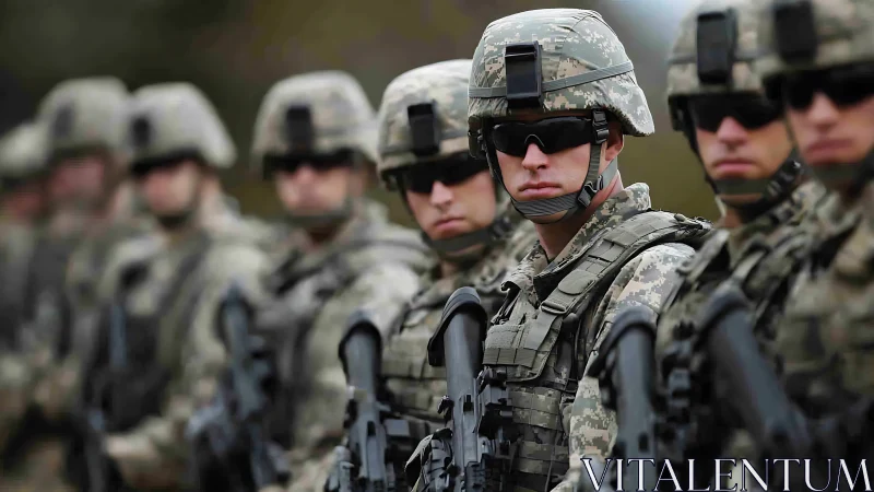 Soldiers in digital camouflage stand armed in formation line