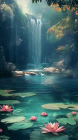 Waterfall pool with floating lotus pads under filtered light.
