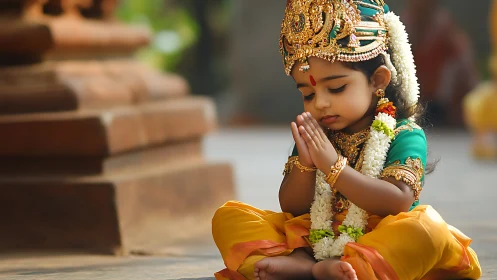 Tiny deity in silk and gold folds quiet temple morning.