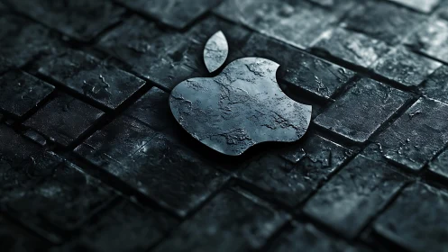 Apple Logo Rests on Textured Dark Brick Surface