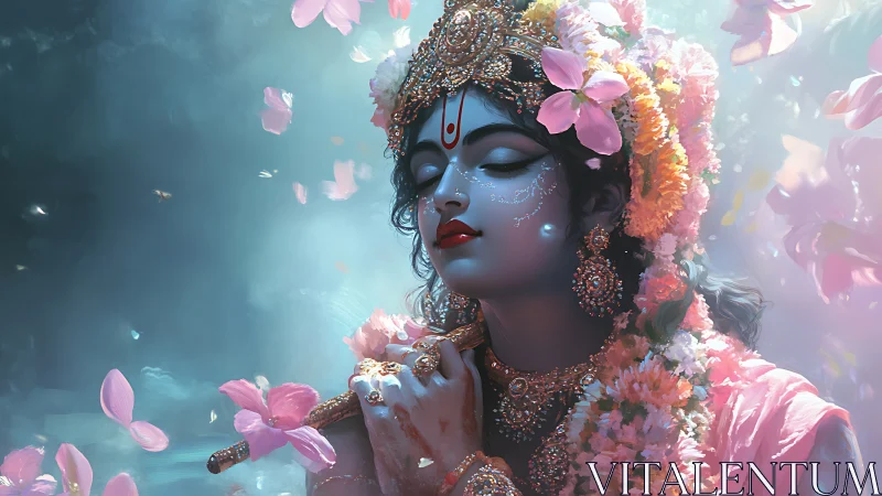 Divine blue deity amid pink petals and golden adornment.