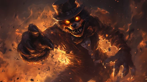 Demonic wolf humanoid in top hat emerges from infernal flames with glowing eyes