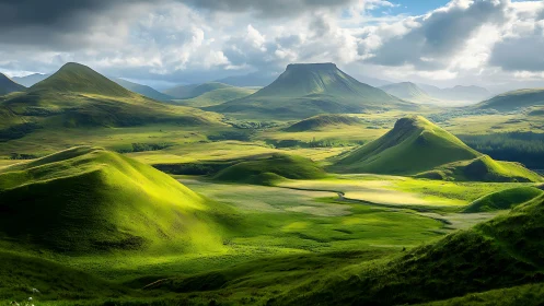 Green upland valley with isolated mesas under cloud cover.