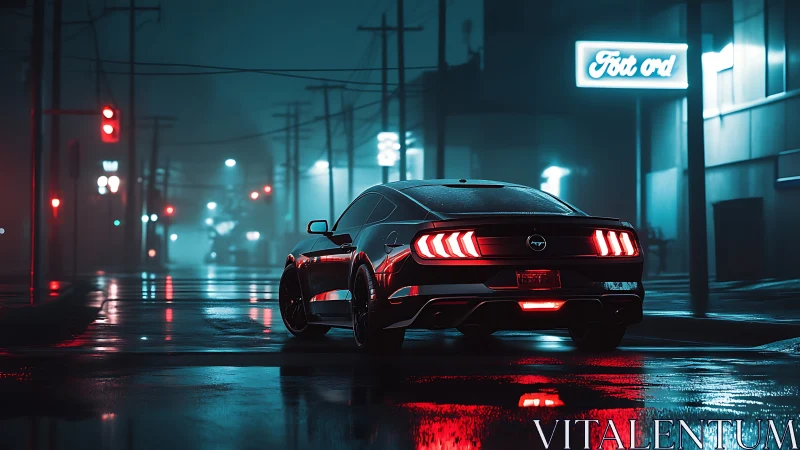 Sports coupe is rendered on wet neon-lit nocturnal street