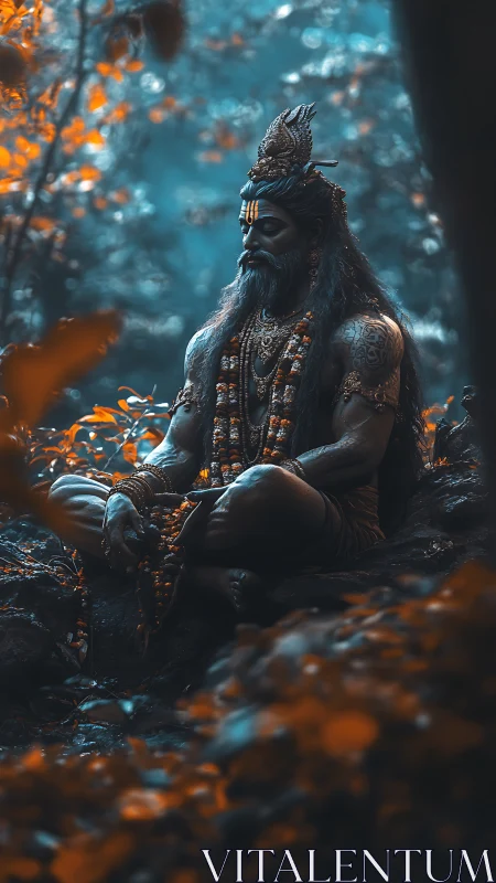 Mystical forest sage rests in calm, glowing twilight stillness