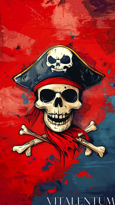 Pirate skull emblem with crossbones on abstract red ground.