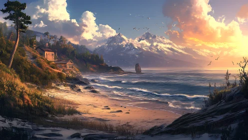 Snow-Capped Mountain Coastal Landscape with Golden Sunset