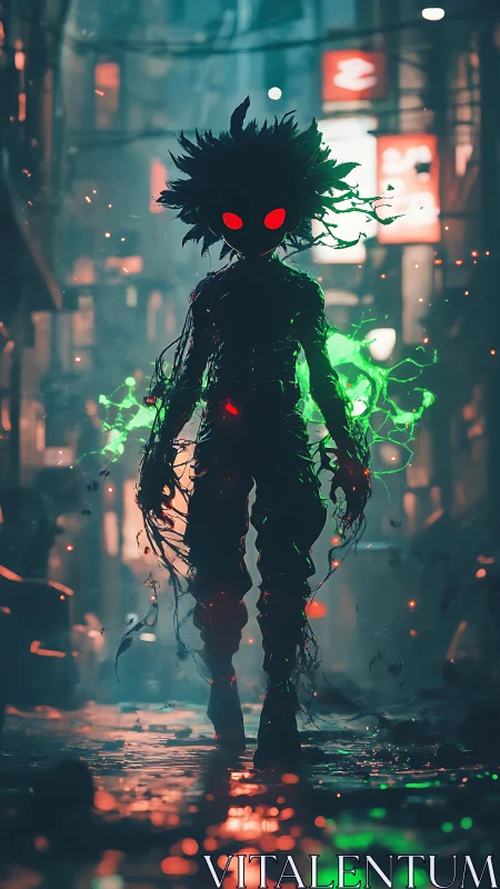 Silhouetted figure with glowing energy in neon city alley.