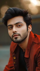 Warm portrait of a thoughtful man in a rust red jacket outdoors
