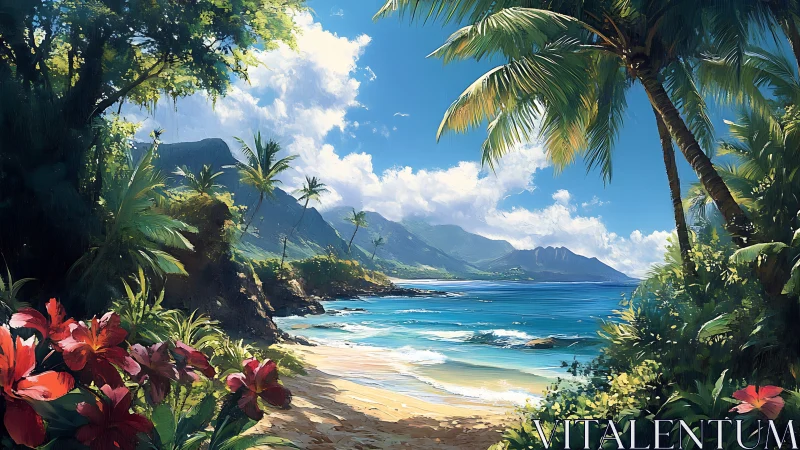 Tropical Coastal Paradise: Verdant Mountains Frame Crystalline Waters