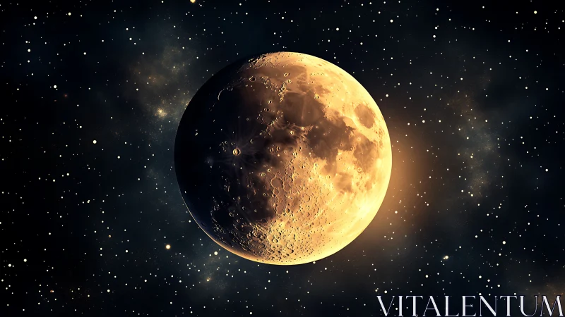 Luminous lunar hemisphere amid dense stellar backdrop field.