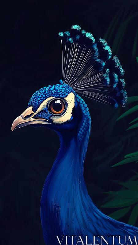 Gentle blue peacock with bright crest in soft jungle glow.