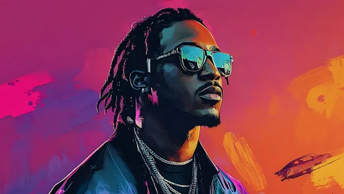 Neon-lit portrait of confident man in reflective shades.