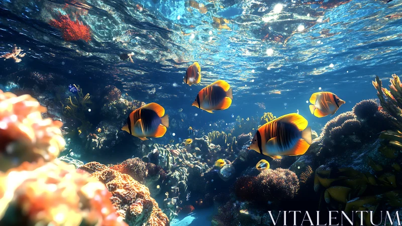 Tropical reef fish glide through sunlit coral seascape.