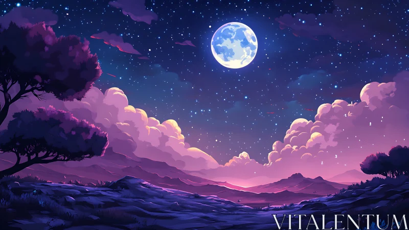 Moonlit valley landscape under starry purple sky.