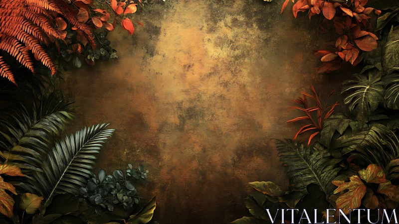 Rust-hued jungle fronds quietly frame a glowing bronze void