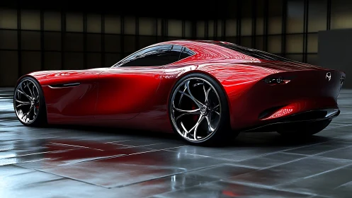 Sculpted red concept coupe under studio lighting emphasizes aerodynamics