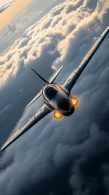 Jet fighter diving through storm clouds at sunset sky.