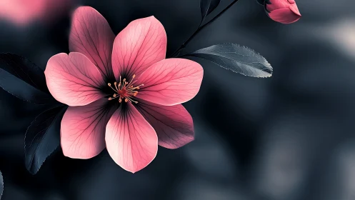 Pink bloom flourishes against dark shadows with luminous petals
