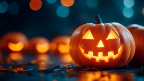 Illuminated jack o lantern with bokeh Halloween pumpkins at night