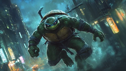 Midnight turtle sentinel storms through neon rain-soaked streets