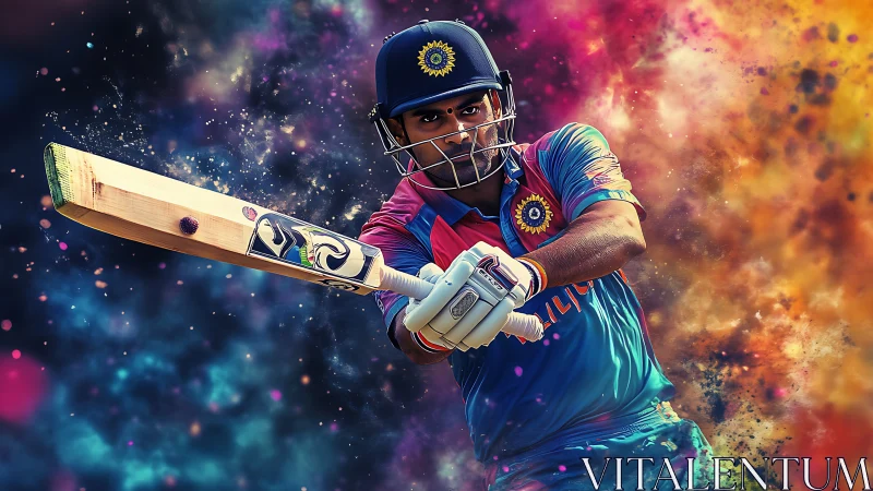 Dynamic cricket batsman drives through cosmic color burst.