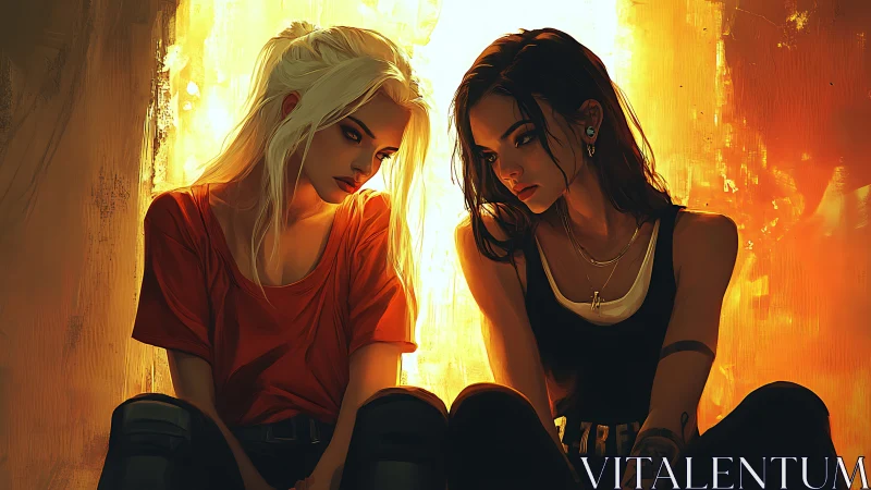 Moody urban duo in fiery backlight, contemplative silence.