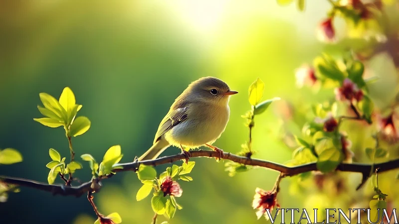 Small songbird on blossoming branch in soft-focus spring setting.