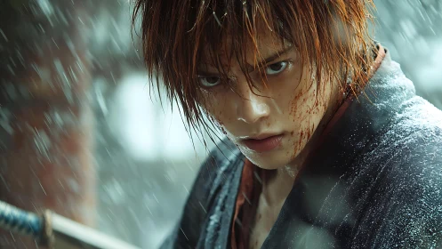 Rain-soaked swordsman holds blade with forward focused stare