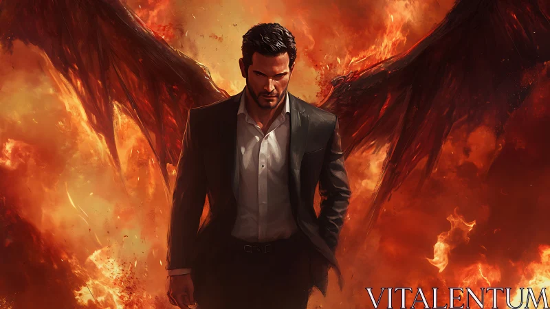 Infernal-winged suited figure in dynamic combustion field.