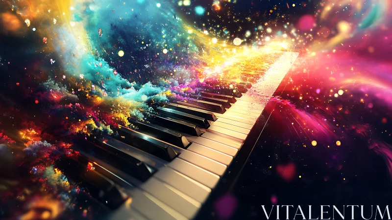 Galactic piano keys dissolve into luminous chromatic nebulae