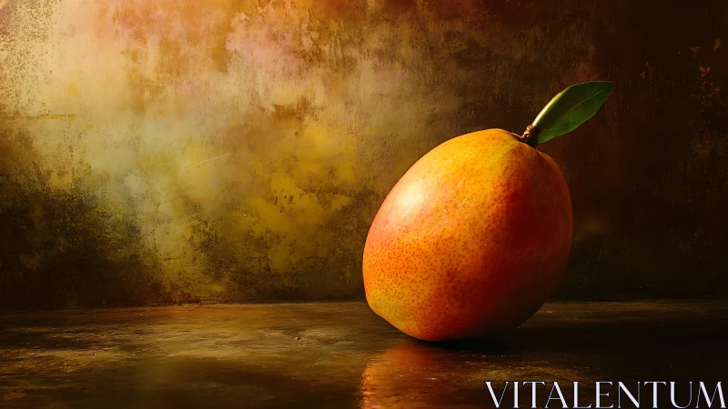 Golden mango still life against textured warm backdrop.