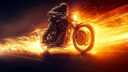 Flaming street motorcycle tearing through molten light trail.