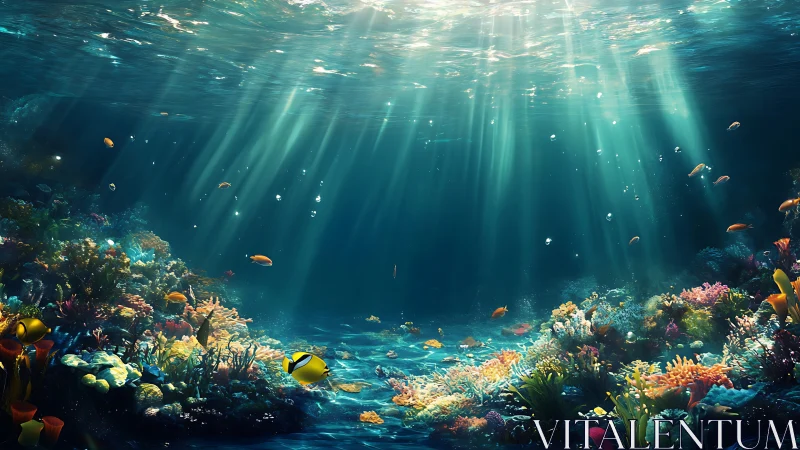 Sunlit coral reef with tropical fish in clear seawater.