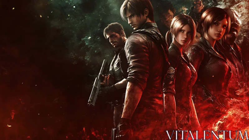 Armed tactical squad in cinematic red-tinged digital artwork.