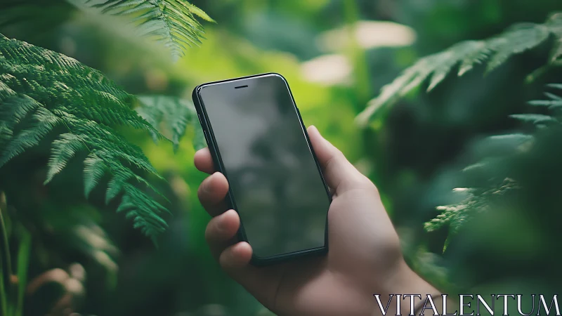 Phone in the ferns, where quiet forests meet bright screens.