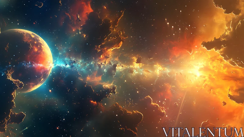 Celestial rift ignites a blazing nebula around a distant world.