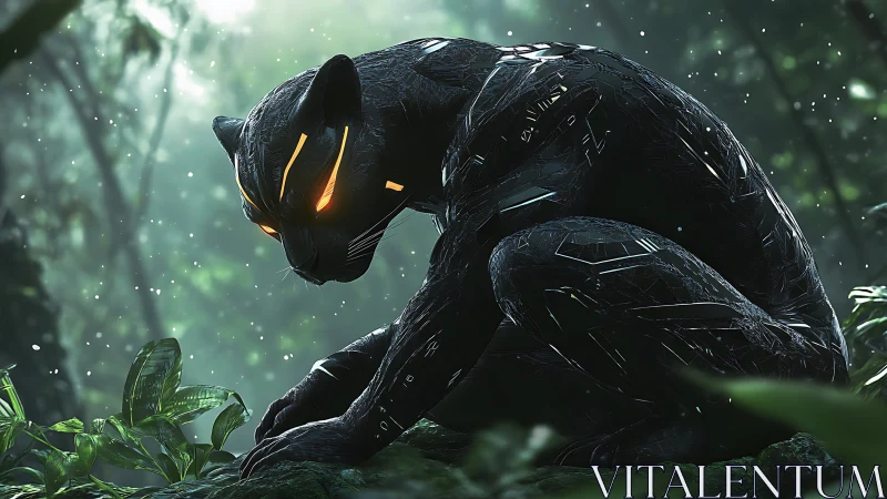 Futuristic panther guardian watching quietly in lush jungle.