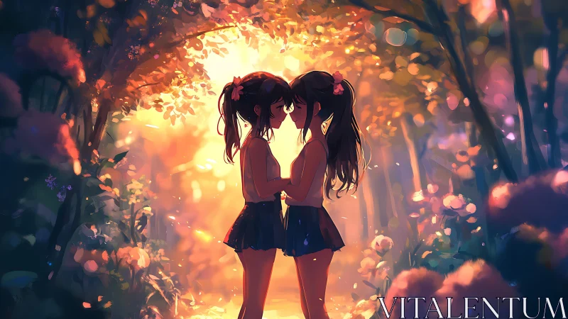 Two close friends sharing a sunset moment in bloom.