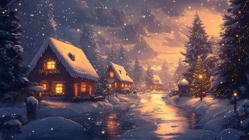 Snowy Christmas village with glowing cabins at dusk.