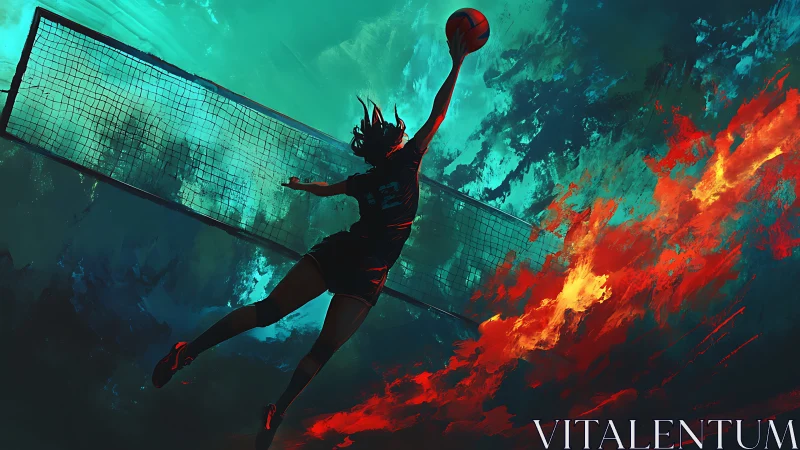 Silhouette athlete jumps for basketball beside net in sky