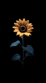 Golden Sunflower with Dark Foliage Against Black Void.