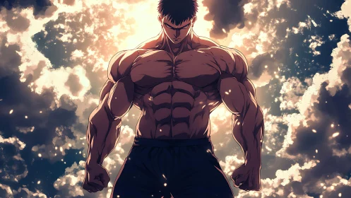Muscular anime warrior stands under blazing celestial light.