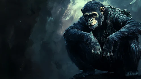 Brooding tactical chimp commander in stormy teal gloom.