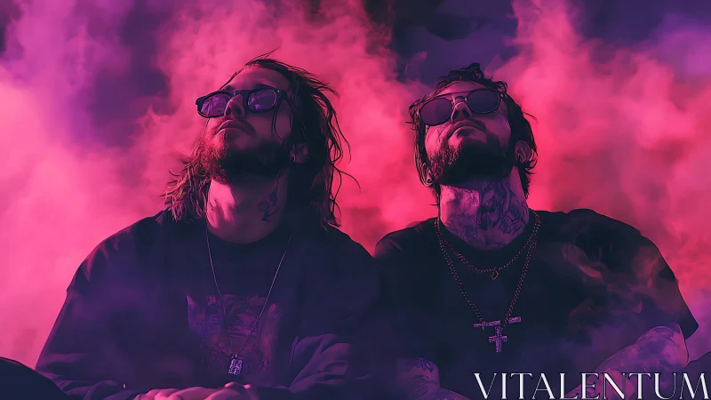 Neon backlit duo in magenta vapor with stylized cyber-noir grading