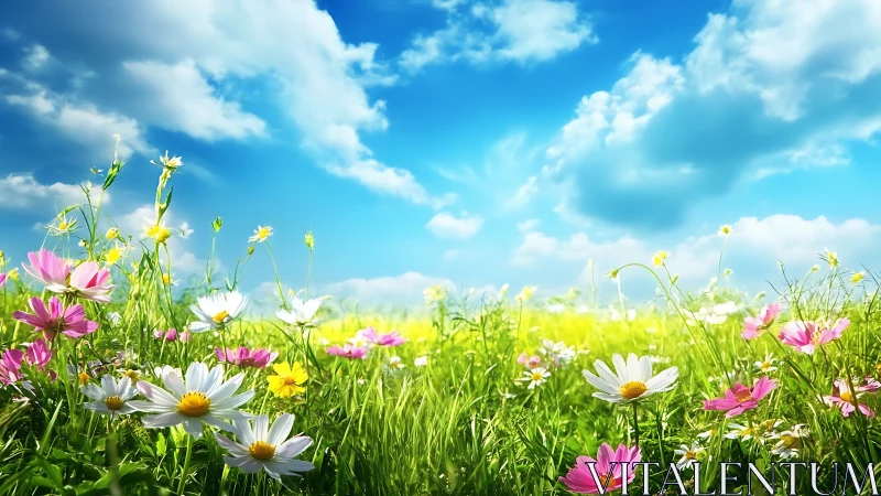 Wildflower Meadow Under Sunlit Sky.