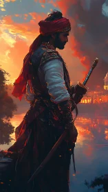 Warrior in ornate attire beside reflective riverside at dusk.