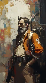 Weathered space engineer leans in rust-streaked corridor.