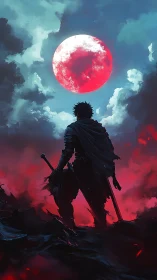 Digital painting of lone swordsman under crimson eclipse sky.