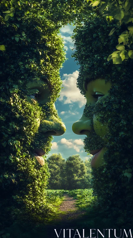 Two leafy human faces formed from hedges in a field.